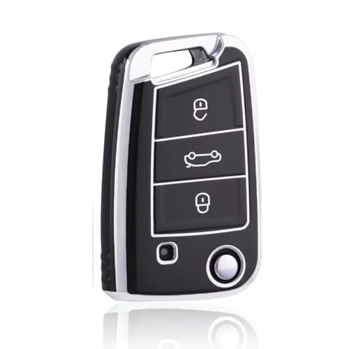 JVCV® Silver Border TPU Key Cover Compatible with Skoda Kylaq Slavia Kushaq Taigun Tiguan Virtus Octavia Kodiaq Superb T ROC Folding Key (Black) - Image 1