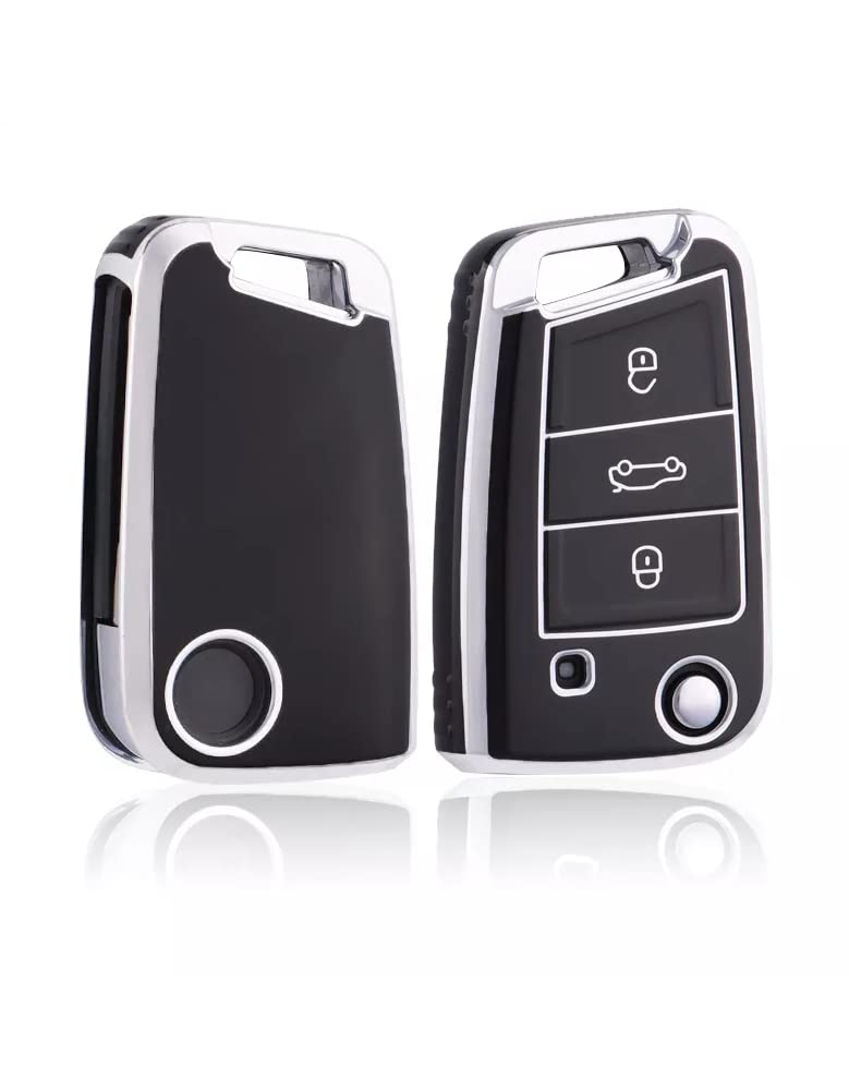 JVCV® Silver Border TPU Key Cover Compatible with Skoda Kylaq Slavia Kushaq Taigun Tiguan Virtus Octavia Kodiaq Superb T ROC Folding Key (Black) - Image 3