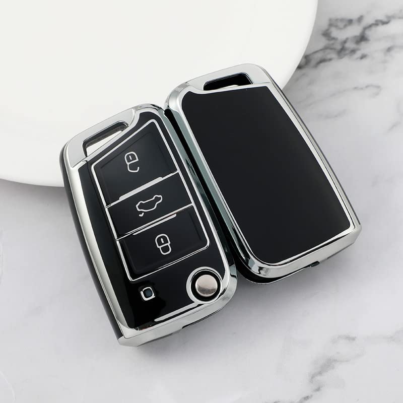 JVCV® Silver Border TPU Key Cover Compatible with Skoda Kylaq Slavia Kushaq Taigun Tiguan Virtus Octavia Kodiaq Superb T ROC Folding Key (Black) - Image 4