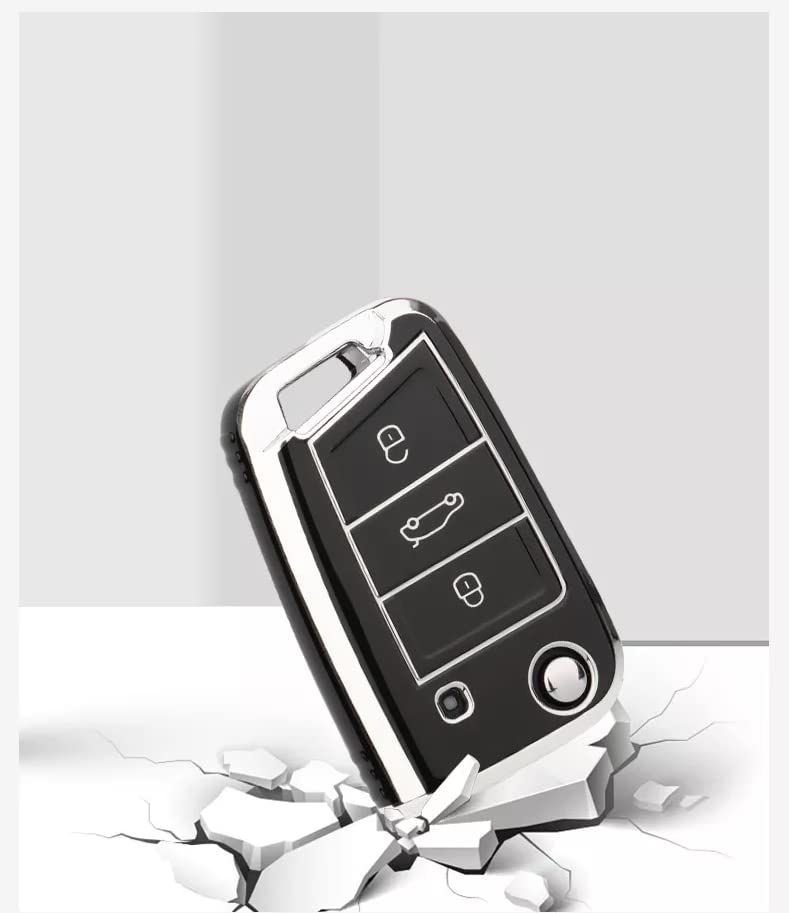 JVCV® Silver Border TPU Key Cover Compatible with Skoda Kylaq Slavia Kushaq Taigun Tiguan Virtus Octavia Kodiaq Superb T ROC Folding Key (Black) - Image 5