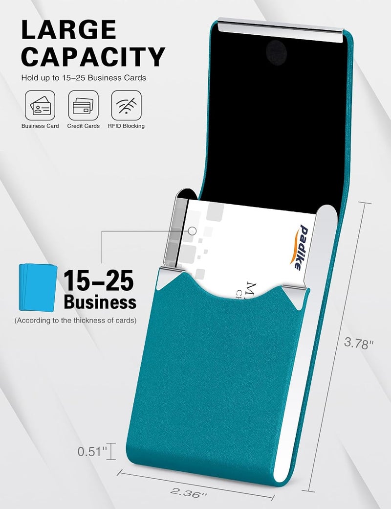 Padike Professional Business Card Holder PU Leather Business Card Case Name Card Holder Slim Metal Pocket Card Holder with Magnetic Shut (Y-Blue green) - Image 4