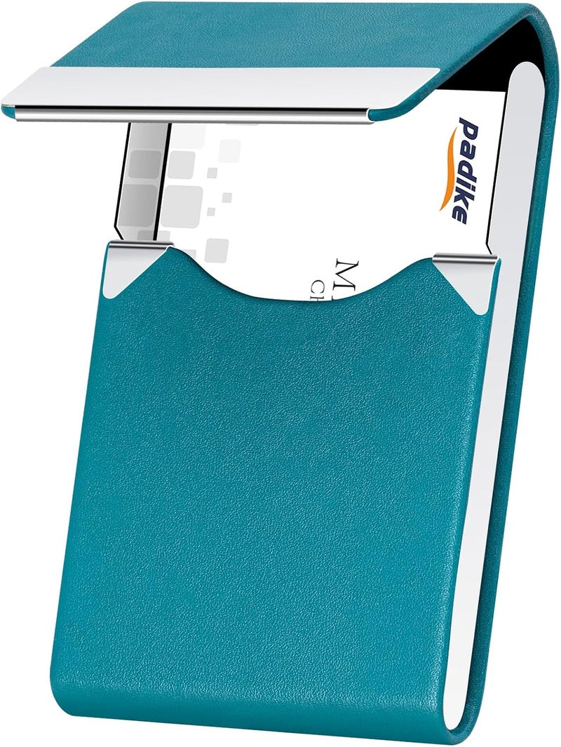 Padike Professional Business Card Holder PU Leather Business Card Case Name Card Holder Slim Metal Pocket Card Holder with Magnetic Shut (Y-Blue green) - Image 1