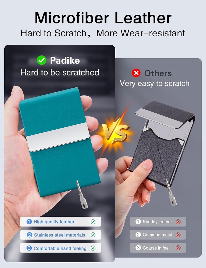 Padike Professional Business Card Holder PU Leather Business Card Case Name Card Holder Slim Metal Pocket Card Holder with Magnetic Shut (Y-Blue green) - Image 3