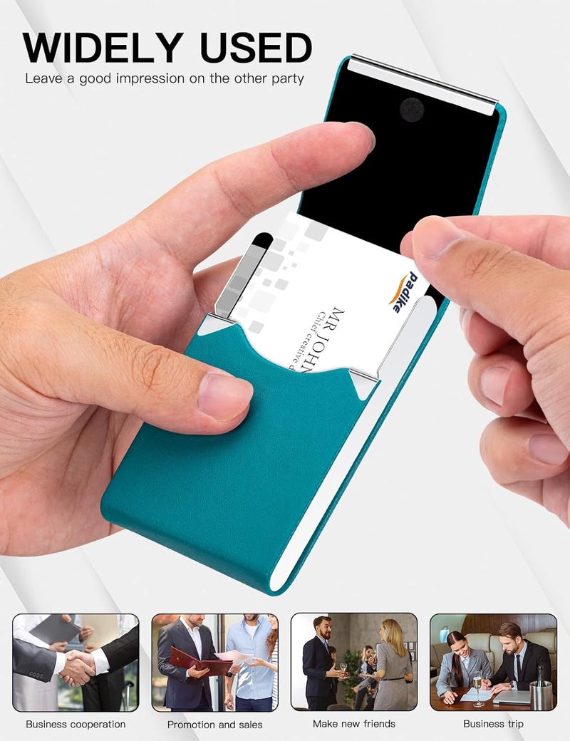Padike Professional Business Card Holder PU Leather Business Card Case Name Card Holder Slim Metal Pocket Card Holder with Magnetic Shut (Y-Blue green) - Image 5
