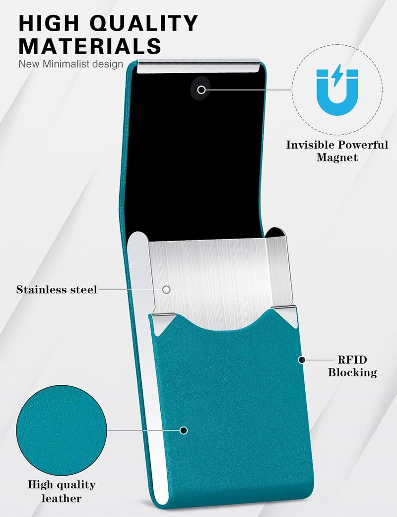 Padike Professional Business Card Holder PU Leather Business Card Case Name Card Holder Slim Metal Pocket Card Holder with Magnetic Shut (Y-Blue green) - Image 2