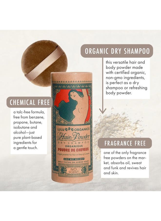 Lulu Organics - Non Aerosol Dry Shampoo Powder for Dark, Blonde and Oily Hair, All Natural Organic Hair and Body Powder, Paraben &Talc free No White Cast Synthetic Fragrance, Unscented - 4oz - Image 1