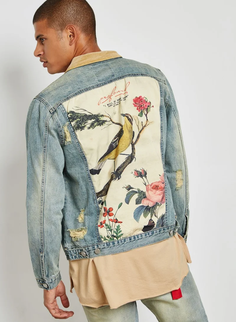 Profound Aesthetic Printed Floral Bird Denim Jacket