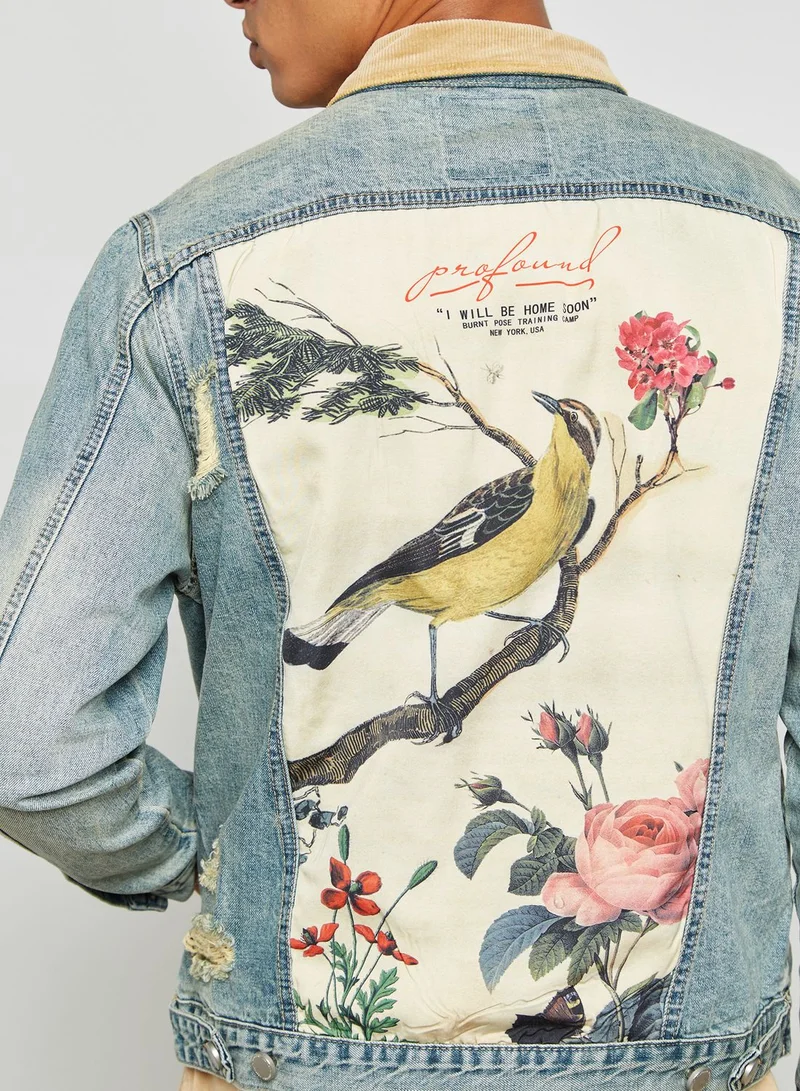 Profound Aesthetic Printed Floral Bird Denim Jacket