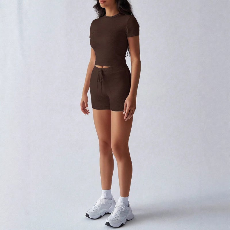 and Style Outfits with Yoga Sportswear 2026 Spring and Summer Shorts Set for Women, New Solid Color Short-Sleeve Set - Image 4