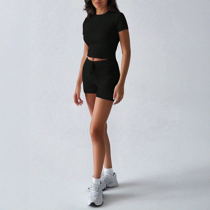 and Style Outfits with Yoga Sportswear 2026 Spring and Summer Shorts Set for Women, New Solid Color Short-Sleeve Set - Image 1