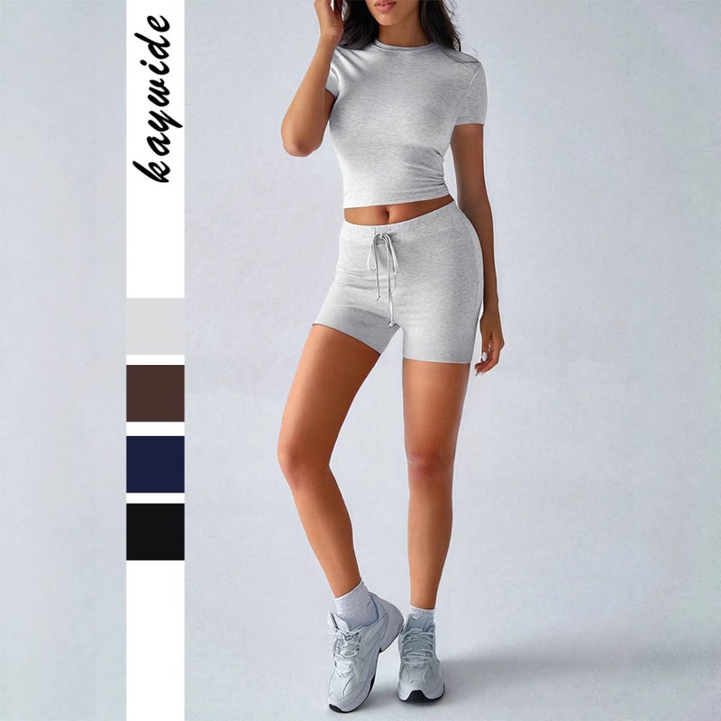 and Style Outfits with Yoga Sportswear 2026 Spring and Summer Shorts Set for Women, New Solid Color Short-Sleeve Set - Image 5