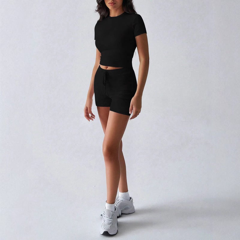 and Style Outfits with Yoga Sportswear 2026 Spring and Summer Shorts Set for Women, New Solid Color Short-Sleeve Set - Image 2