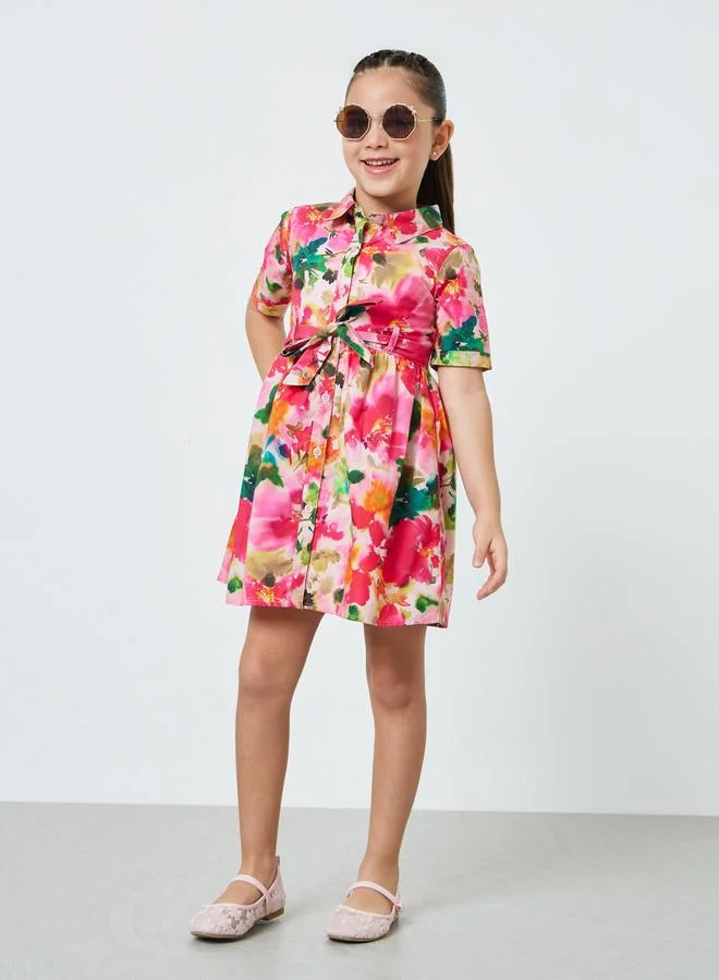 Styli Girls Floral Print Shirt Dress