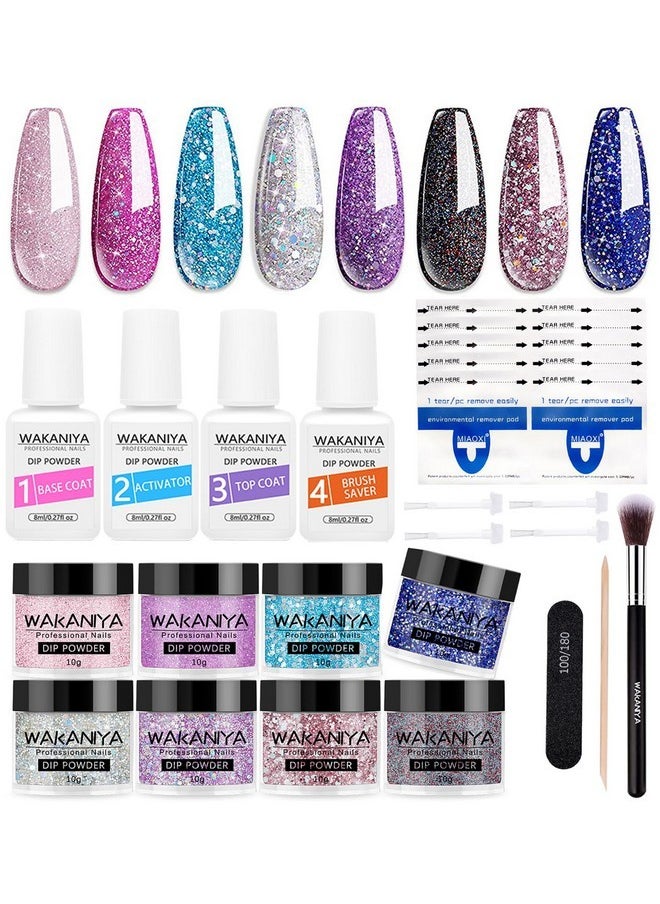 wakaniya - Nail Dip Powder Kit 8 Colors Glitter Purple Galaxy Nails Powder Set With Liquids Base Top Coat Nail Remover Pads Dip Nails Starter Kit With Everything For Beginners - Image 1