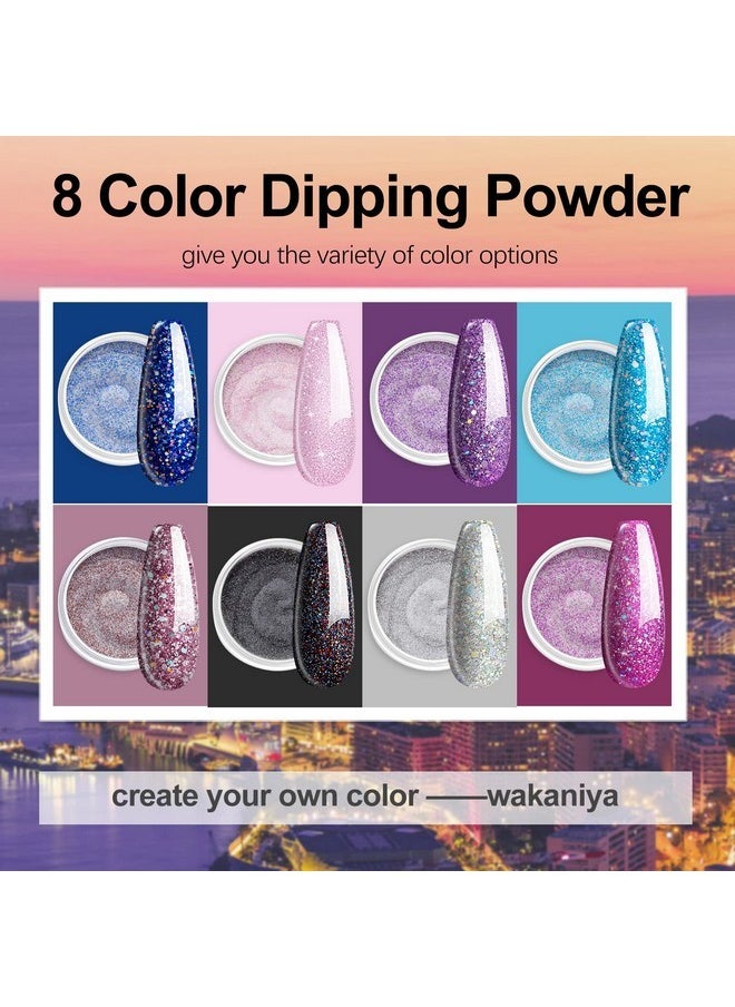 wakaniya - Nail Dip Powder Kit 8 Colors Glitter Purple Galaxy Nails Powder Set With Liquids Base Top Coat Nail Remover Pads Dip Nails Starter Kit With Everything For Beginners - Image 1