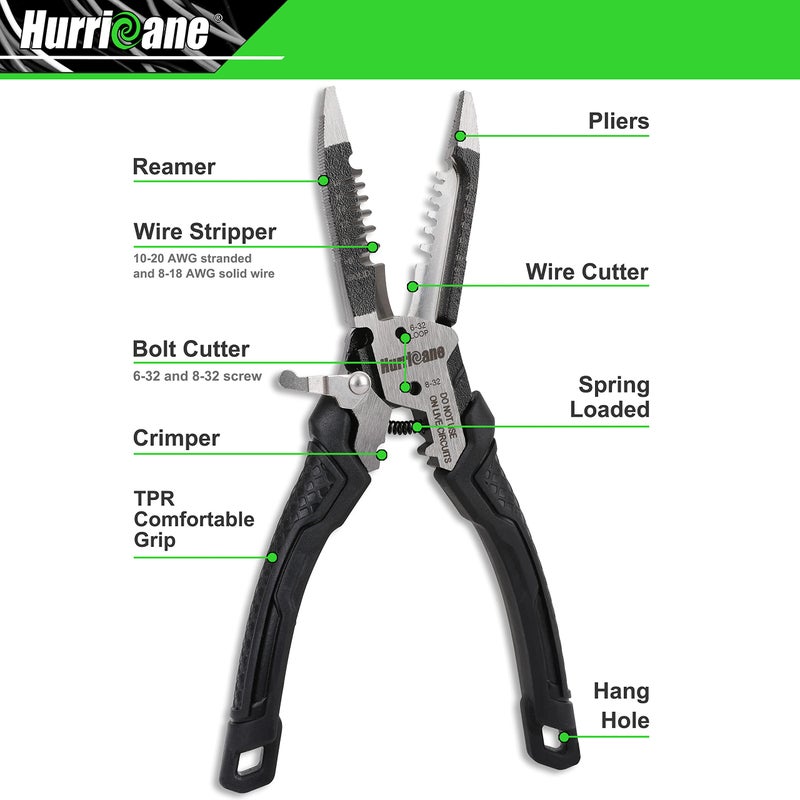 HURRICANE 6-in-1 Wire Stripper Tool, Wire Strippers, Crimping Tool, Wire Cutter Stripping Tool, Multifunctional Electrical Pliers for Cable Stripper, Wire Crimper(8-18 AWG Solid, 10-20 AWG Stranded) - Image 2
