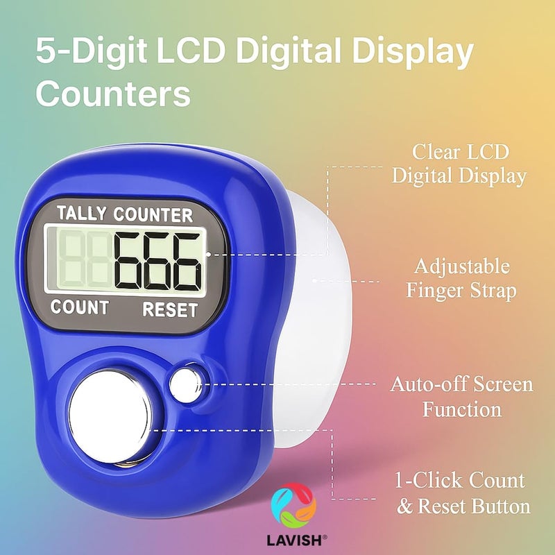 LAVISH Digital Tasbeeh Finger Counter Pack of 12 | 5-Digit LED Tally Clicker with Ring Holder | Electronic Hand Counter for Prayer, Zikr, Exercise, Golf, Knitting & Lap Tracking | Portable & Easy to Use - Image 3
