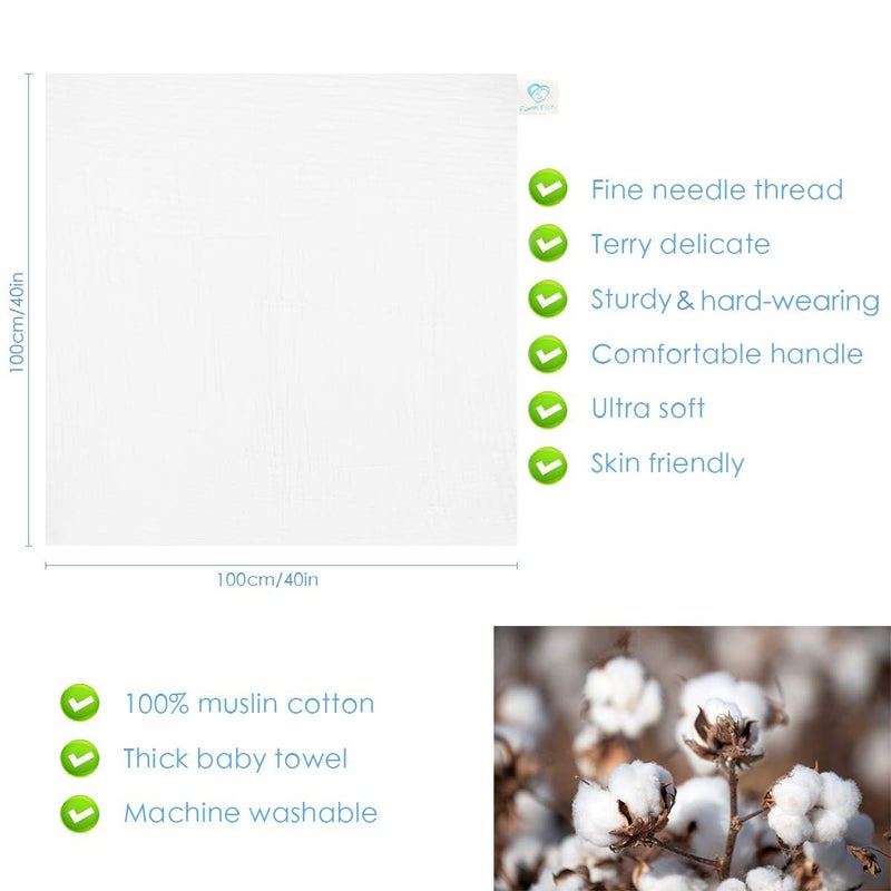 FOOK FISH Muslin Baby Towel Super Soft and Absorbent Cotton Baby Bath Towels 2 Pack 6 Layers Infant Newborn Blanket Toddler and Kids Large 40 x 40inches (White) - Image 2