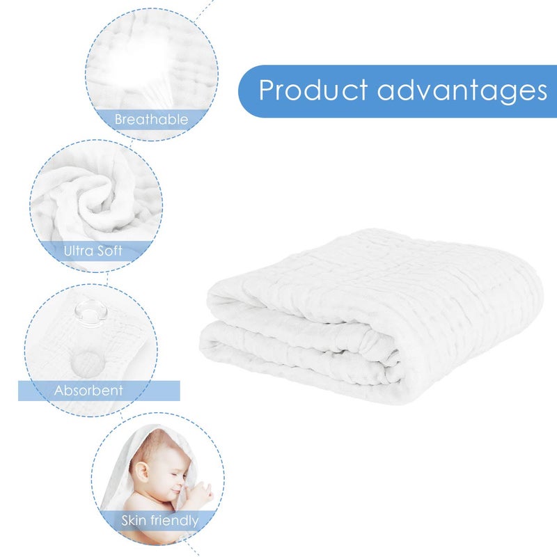 FOOK FISH Muslin Baby Towel Super Soft and Absorbent Cotton Baby Bath Towels 2 Pack 6 Layers Infant Newborn Blanket Toddler and Kids Large 40 x 40inches (White) - Image 5