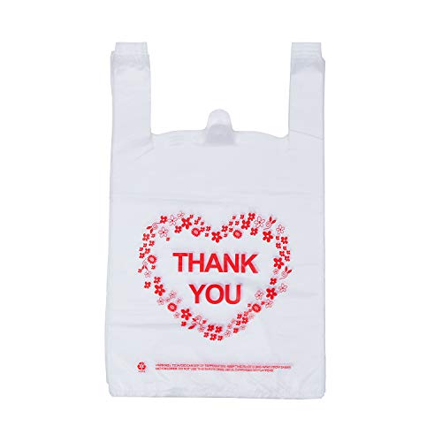 LazyMe LazyMe Thank you T Shirt Bags Bolsas De Plastico Para Negocio White Plastic Grocery Bags with Handles Standard Supermarket Size 12 x 20 Inches 50 pcs