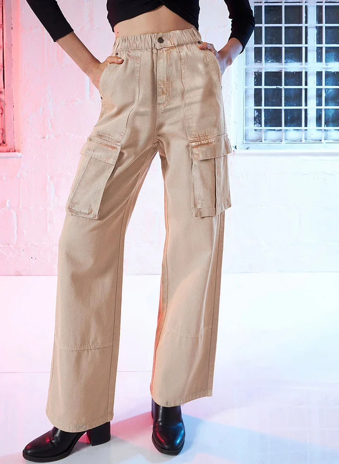 Beige High-Rise Cargo Jeans for Women