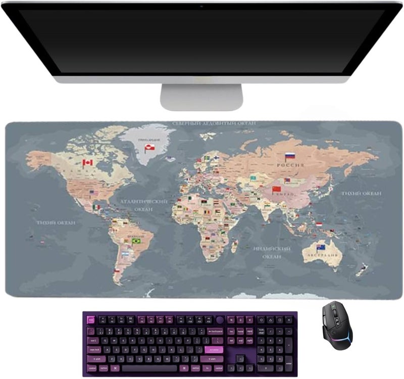 CozyNook World Map Gaming Mouse Pad XL Large Desk Pad Computer Game Desk Mat for Keyboard and Mouse with Non-Slip Base,Stitched Edges,Waterproof Mousepad for Gamer,Office &Home 80cm X 30cm (Gray) - Image 1