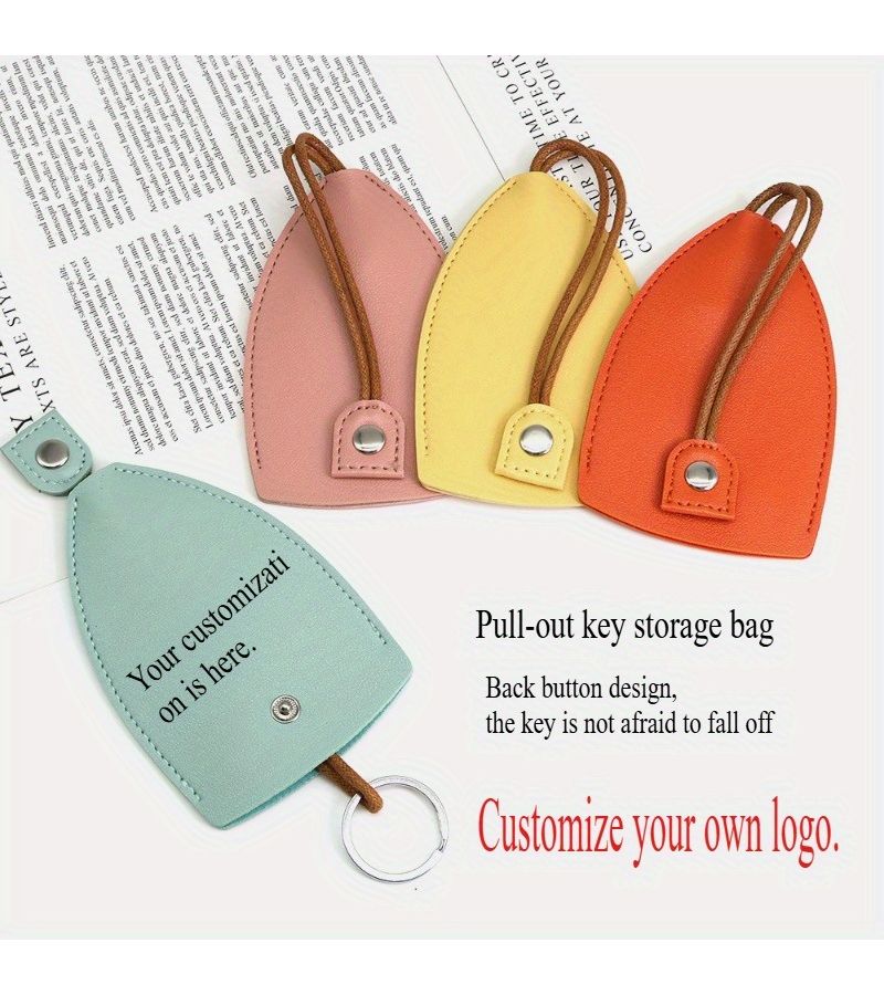 2pcs Yellow Custom Text Pull Out Key Pouch Faux Leather Keychain Protective Case For Car Key Storage - Image 4