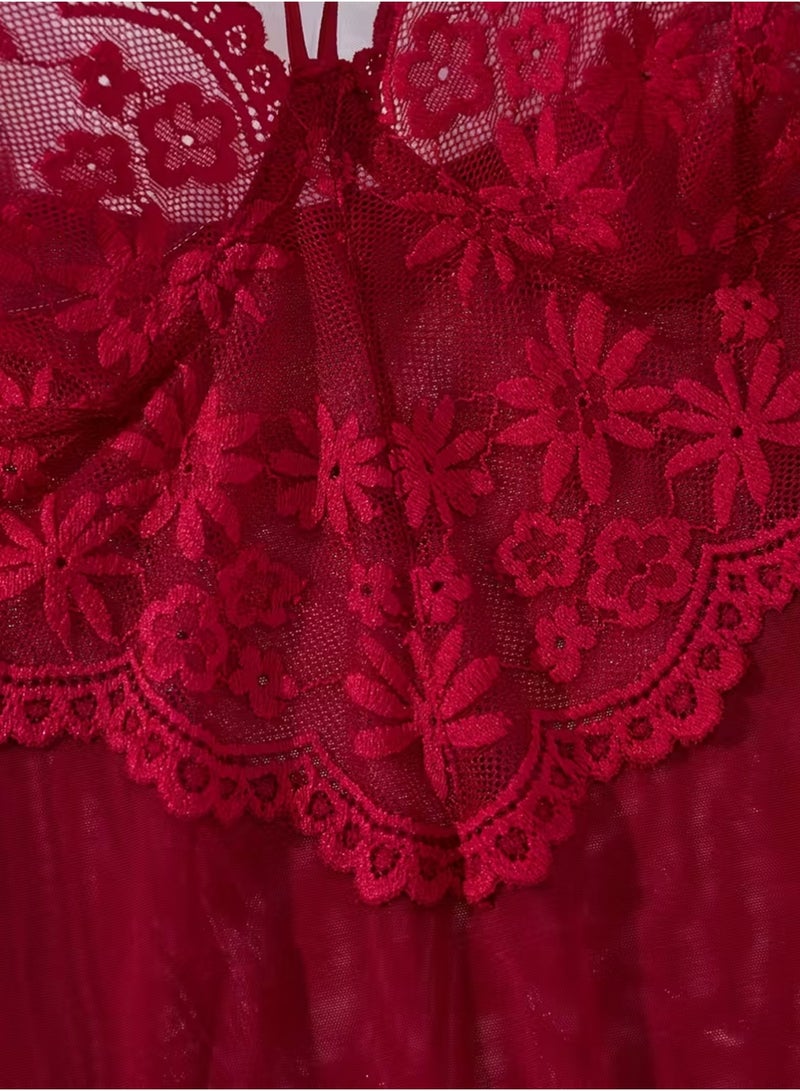 LLASIDO Elegant Solid Color Short Sleep Dress Wine Red Lace Mesh Panel Bra, Fashionable Semi-Sheer Nightwear with Dual Straps（L） - Image 3