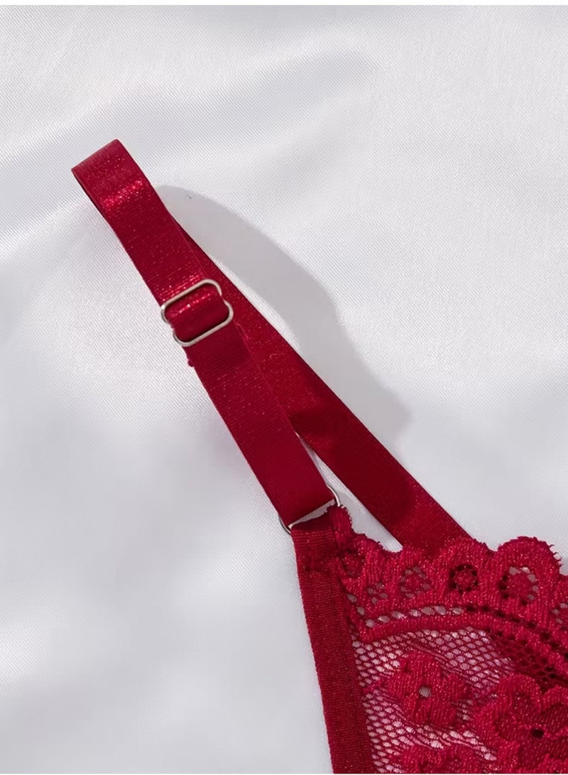 LLASIDO Elegant Solid Color Short Sleep Dress Wine Red Lace Mesh Panel Bra, Fashionable Semi-Sheer Nightwear with Dual Straps（L） - Image 4