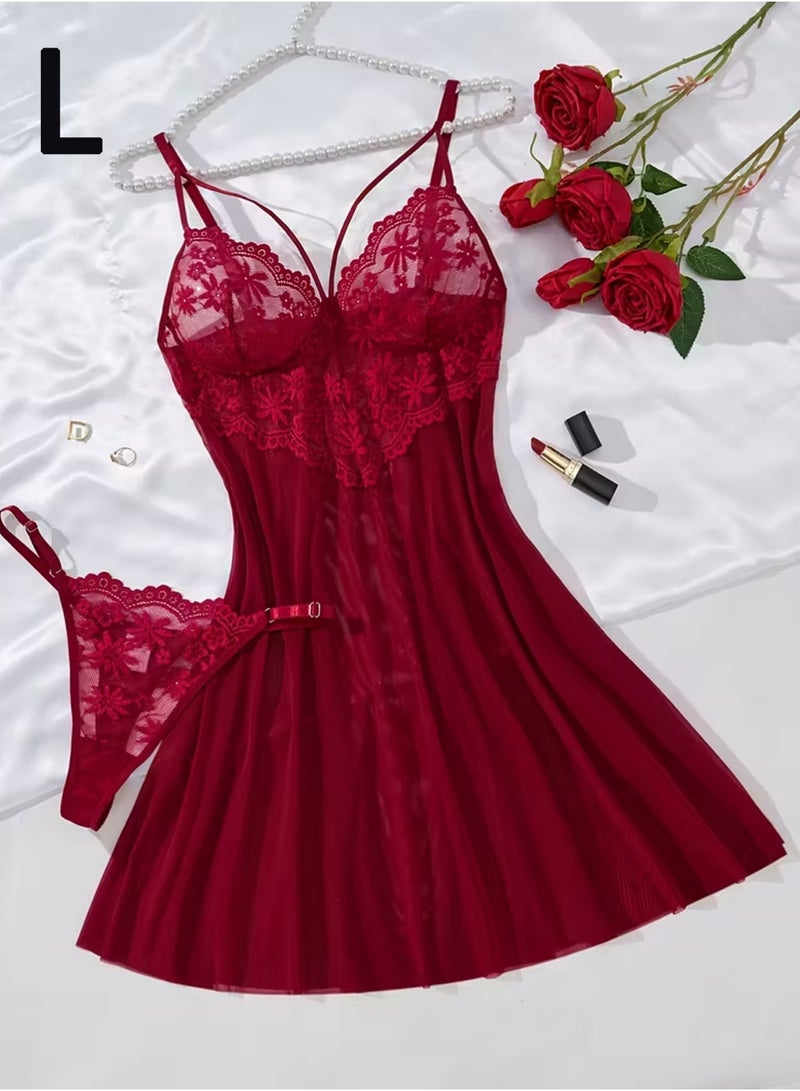 LLASIDO Elegant Solid Color Short Sleep Dress Wine Red Lace Mesh Panel Bra, Fashionable Semi-Sheer Nightwear with Dual Straps（L） - Image 1