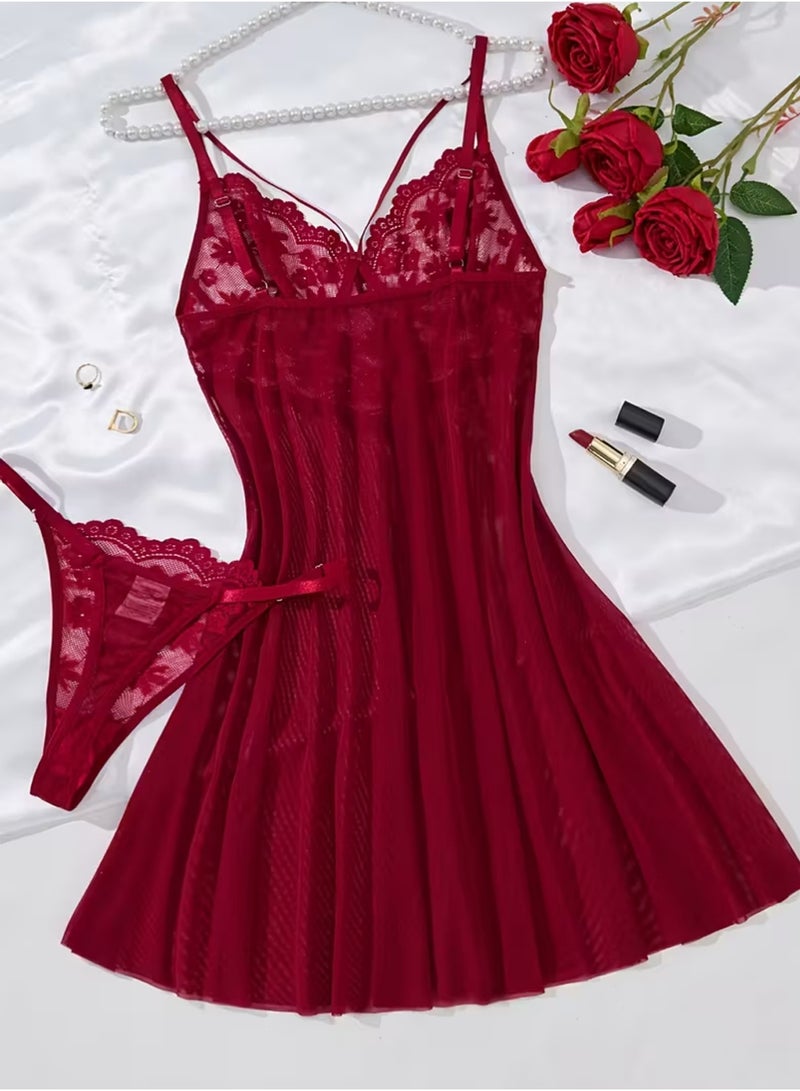 LLASIDO Elegant Solid Color Short Sleep Dress Wine Red Lace Mesh Panel Bra, Fashionable Semi-Sheer Nightwear with Dual Straps（L） - Image 2