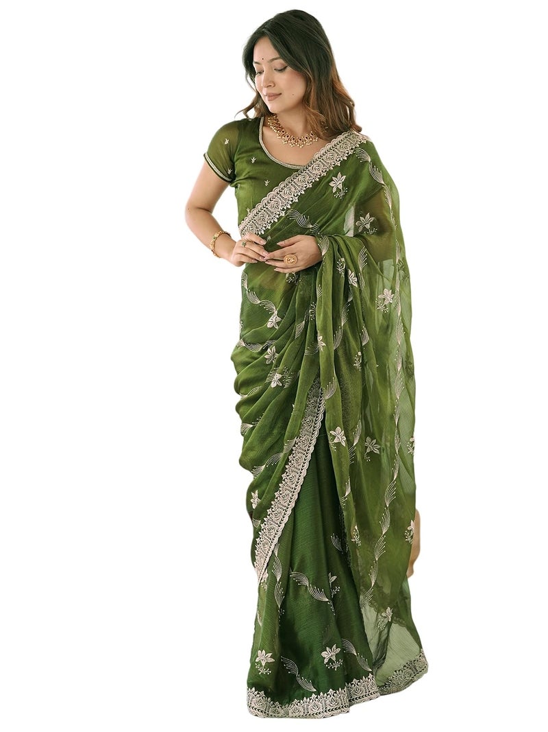 Satrani Women's Simmer Chiffon Embroidery Scalloped Border Saree with Unstitched Blouse Piece (4488S231N_Green) - Image 1