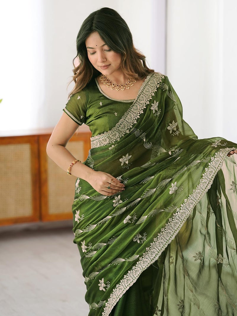 Satrani Women's Simmer Chiffon Embroidery Scalloped Border Saree with Unstitched Blouse Piece (4488S231N_Green) - Image 4