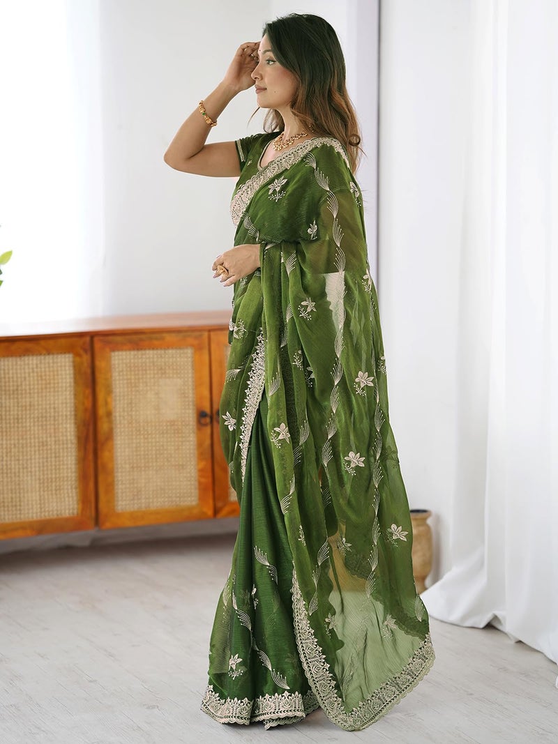 Satrani Women's Simmer Chiffon Embroidery Scalloped Border Saree with Unstitched Blouse Piece (4488S231N_Green) - Image 3