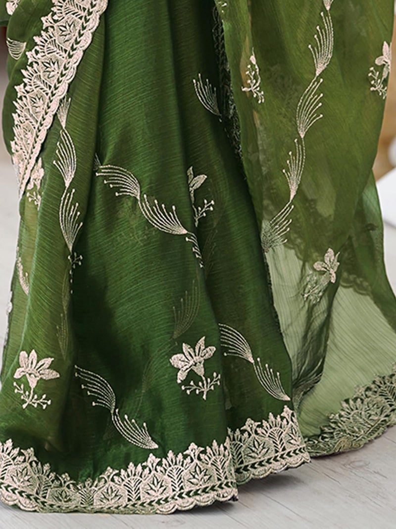 Satrani Women's Simmer Chiffon Embroidery Scalloped Border Saree with Unstitched Blouse Piece (4488S231N_Green) - Image 5