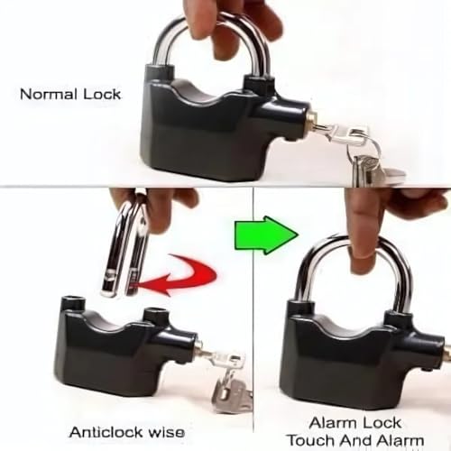 VelVeeta Alloy Steel Universal Security Alarm Lock System | Waterproof Black Anti-Theft Siren 110Dba Alarm Anti Padlock | Thickened Shackle Padlock with 3 Keys(1Pcs) | Polished Finish | Black - Image 3