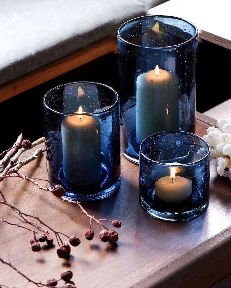 ARIAMOTION Blue Candle Holder for Pillar Tealights Modern Bubbles Glass Hurricane Cylinder Vases Table centerpieces Kitchen Island Dining Room Coffee Bar 8" 5" 3.5" Height Set 3 - Image 1