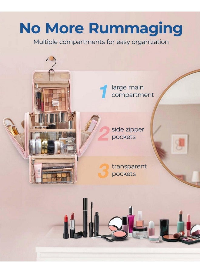 BAGSMART Makeup Bag for Women with Hanging Hook, Large Portable Capacity Water-resistant Organizer Travel Case for Toiletries and Cosmetics, Pink - Image 2