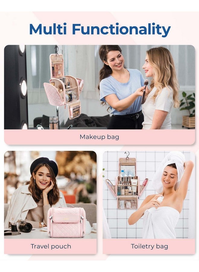 BAGSMART Makeup Bag for Women with Hanging Hook, Large Portable Capacity Water-resistant Organizer Travel Case for Toiletries and Cosmetics, Pink - Image 4