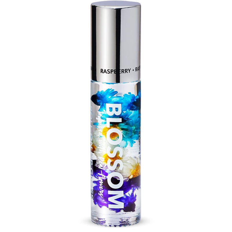 Blossom Roll on Lip Gloss Scented Clear High Shine Moisturizing Lip Oil Non Sticky Infused with Real Flowers Made in USA 02oz Raspberry