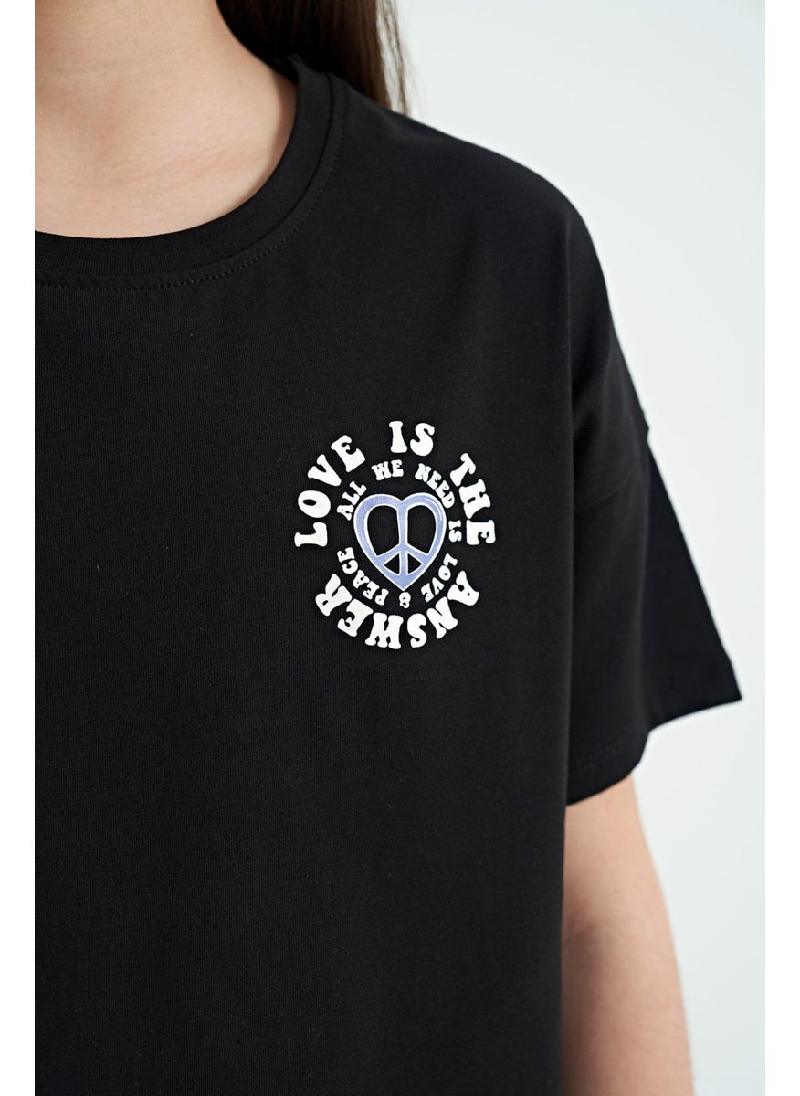 Tommy Life - Black Front Back Printed O Neck Low Shoulder Oversize Short Sleeve Girls T-Shirt - 75126 - Image 1