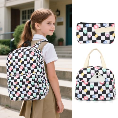 Yusudan Girls School Backpack Set Kids Teens School Bag Bookbag with Lunch Bag Pencil Bag Checkered Flower - Image 3