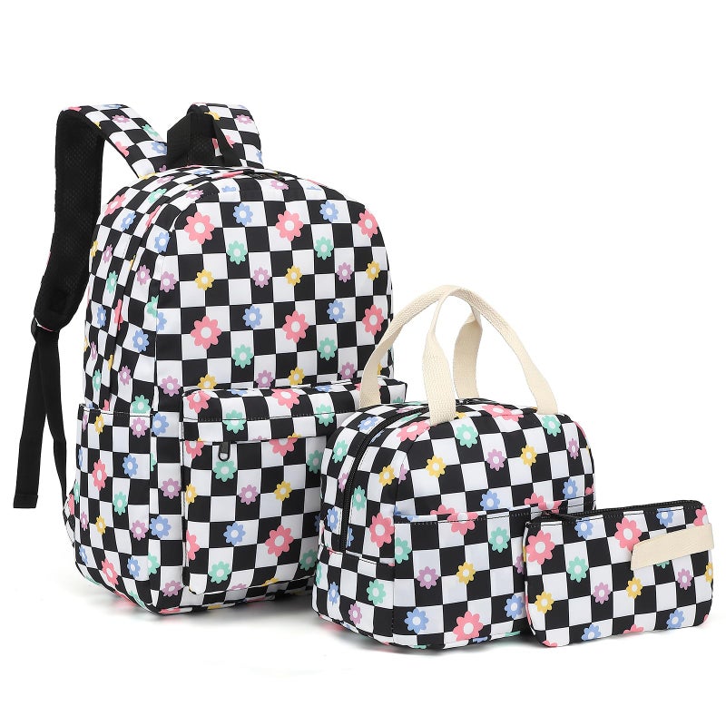 Yusudan Girls School Backpack Set Kids Teens School Bag Bookbag with Lunch Bag Pencil Bag Checkered Flower - Image 2
