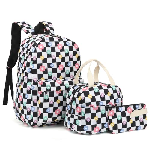 Yusudan Girls School Backpack Set Kids Teens School Bag Bookbag with Lunch Bag Pencil Bag Checkered Flower - Image 1