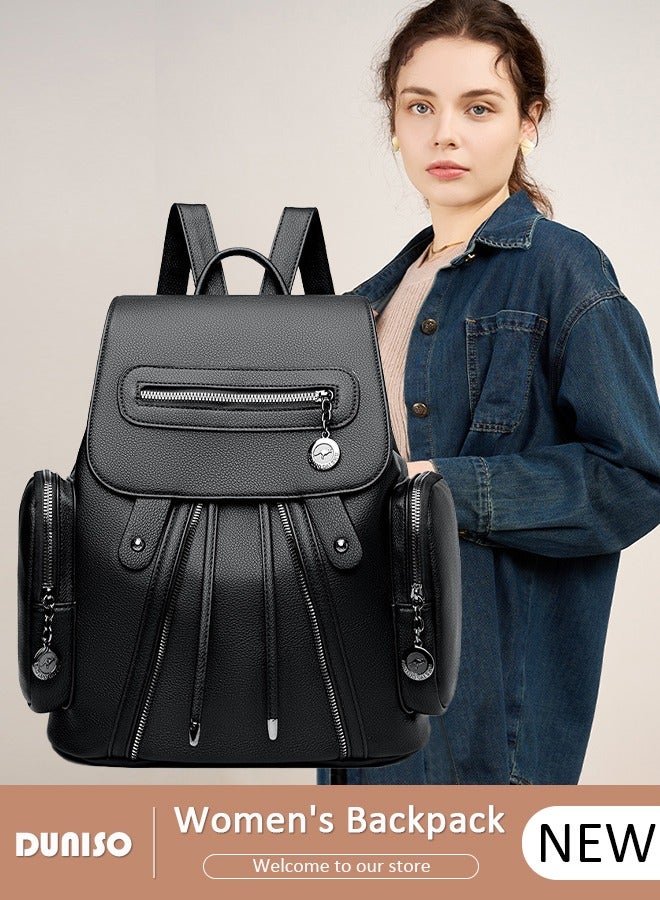 DUNISO Women's Backpack Fashionable Travel Backpack For Women Large Capacity Faux Leather School Backpack Shoulder Bag with Drawstring For College Girls Students Black - Image 1