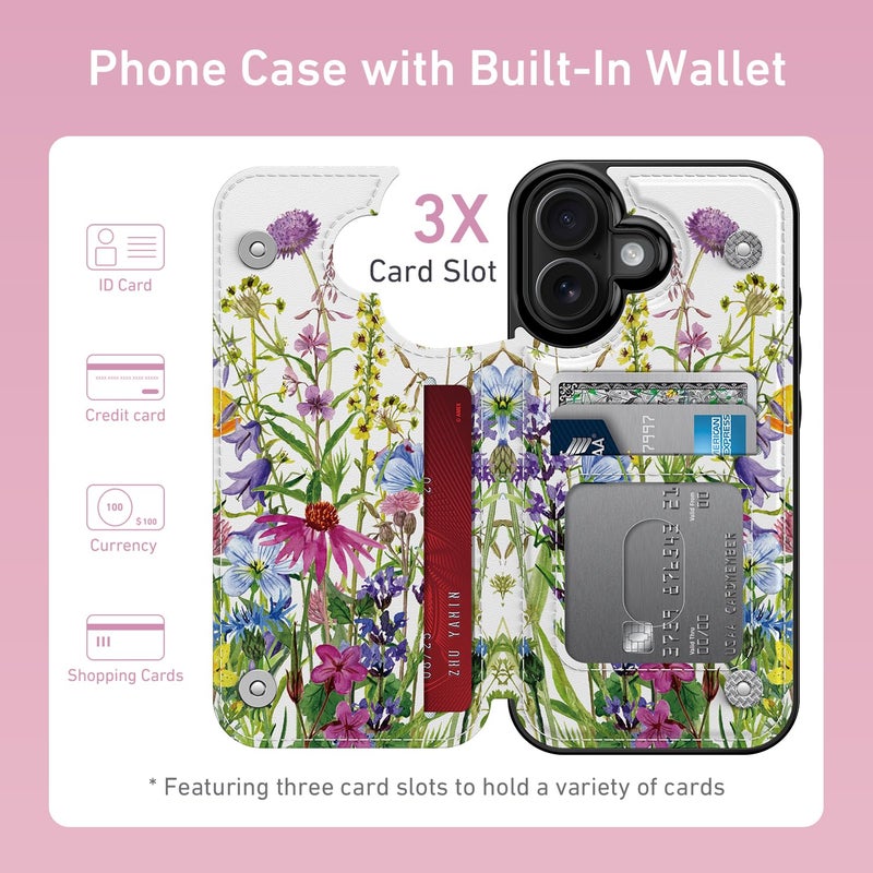 Goodon for iPhone 17 Case Wallet - Flip Folio Leather Cover with Trendy Floral Design, 3 Card Slots & Kickstand Function, Stylish Protective Phone Case for Women and Girls - Blooming Wildflowers - Image 2