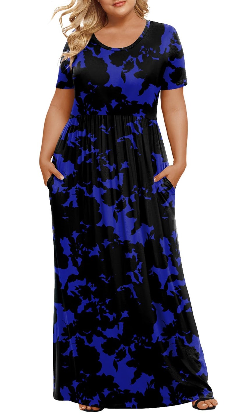 LONGYUAN Women's Plus Size Maxi Dresses for Curvy Women Summer Short Sleeve Casual 2026 Long Dress Blue Fl 3XL - Image 1