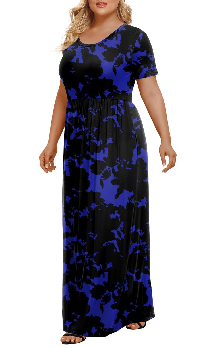 LONGYUAN Women's Plus Size Maxi Dresses for Curvy Women Summer Short Sleeve Casual 2026 Long Dress Blue Fl 3XL - Image 2