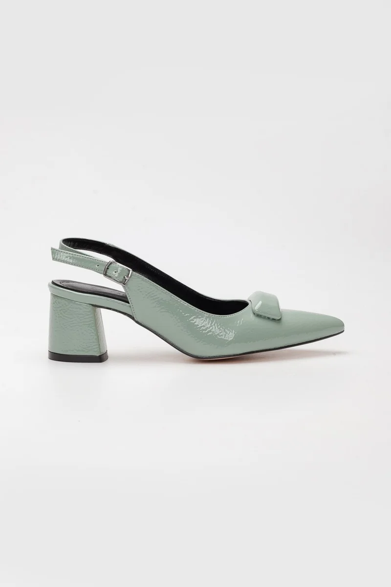 Dilimler Ayakkabı Slices Shoes Patent Leather Buckle Green Women's Short Heeled Shoes