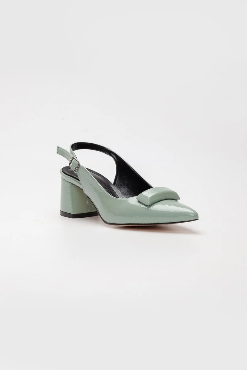 Dilimler Ayakkabı Slices Shoes Patent Leather Buckle Green Women's Short Heeled Shoes